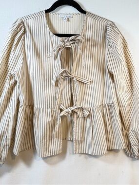 Midi Muse Cream Stripe Tie-Front Peplum Blouse